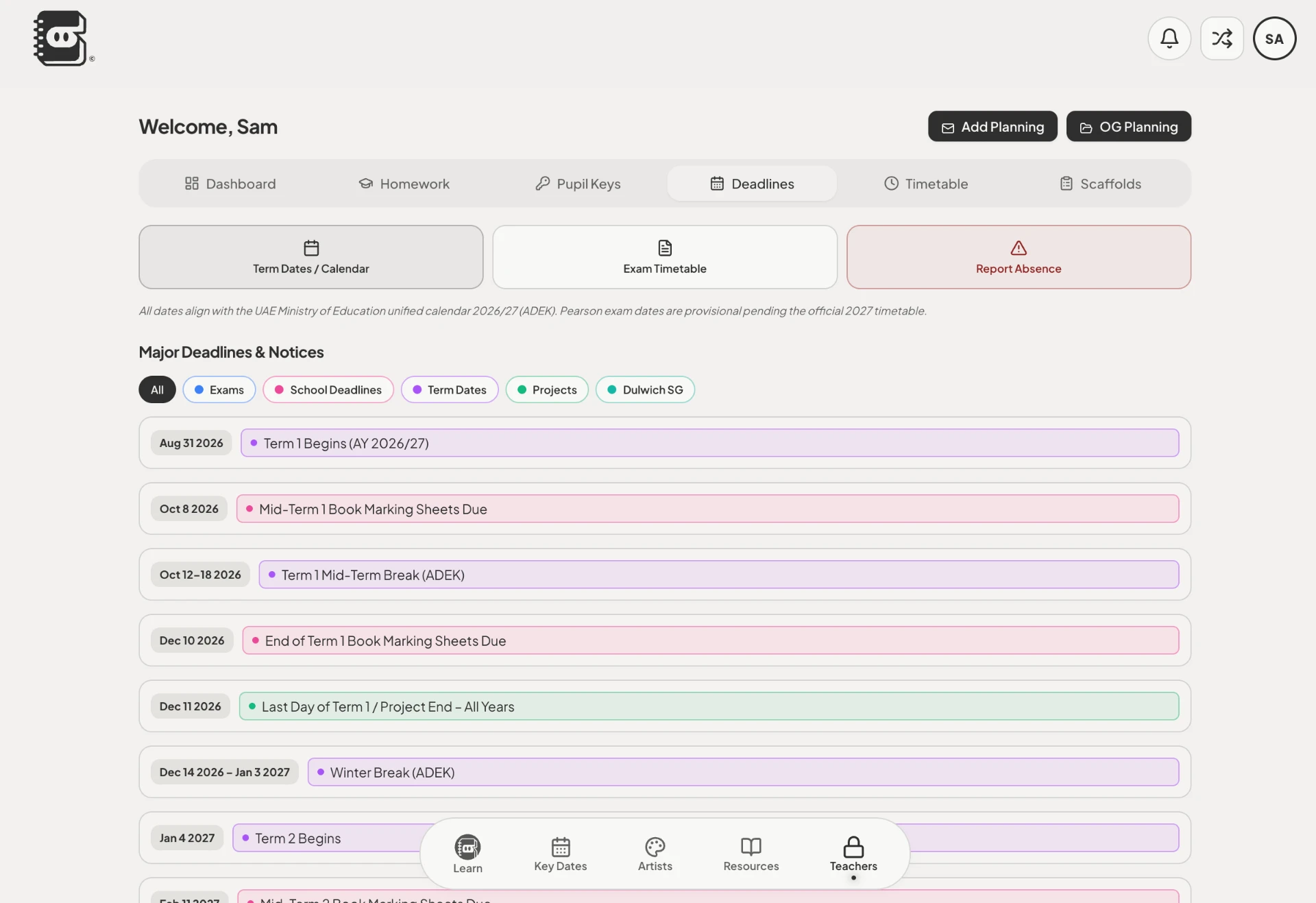 Teacher dashboard in Sam's Teaching App showing deadlines, term dates, homework, pupil keys, timetable and scaffolds